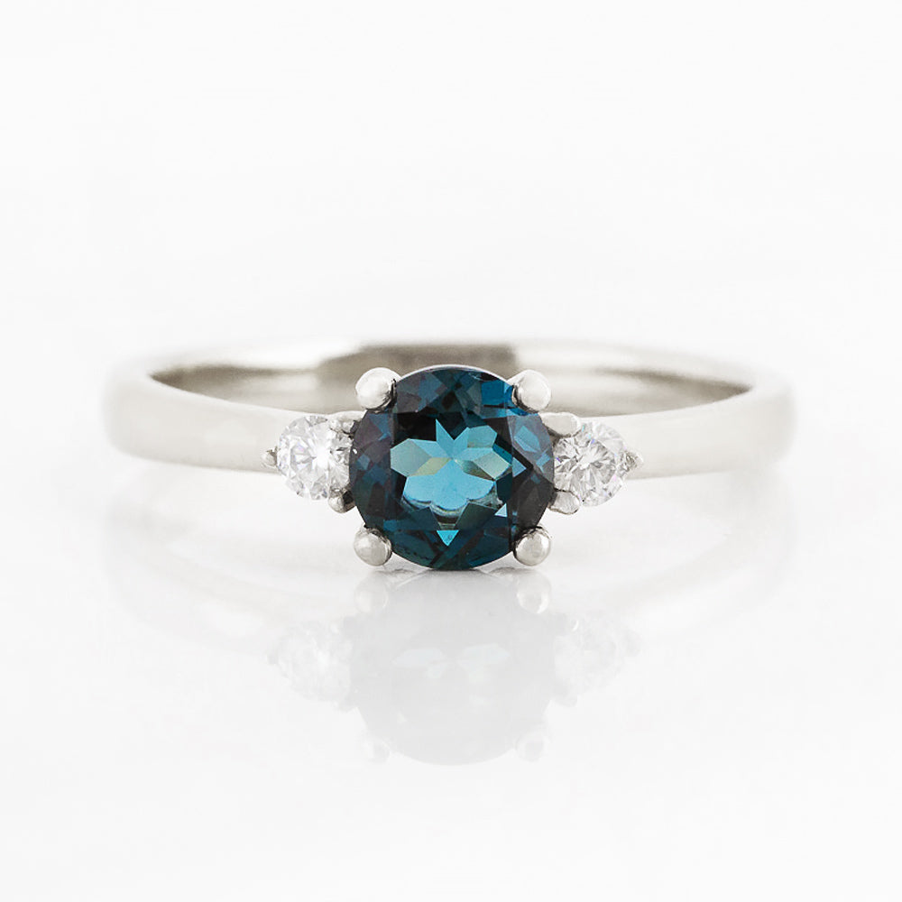 Round cut London Blue Topaz and Diamond Trilogy Engagement Ring in White Gold - Victoria's Jewellery