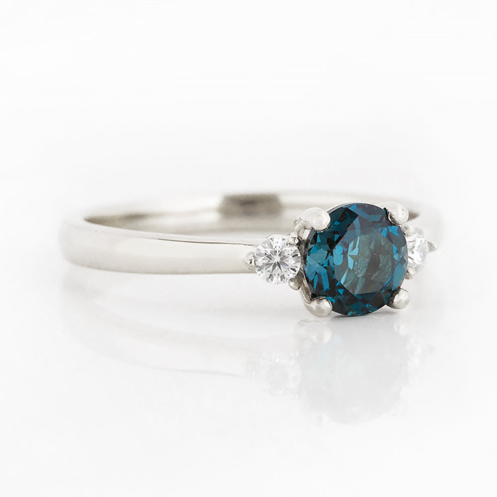 Round cut London Blue Topaz and Diamond Trilogy Engagement Ring in White Gold - Victoria's Jewellery