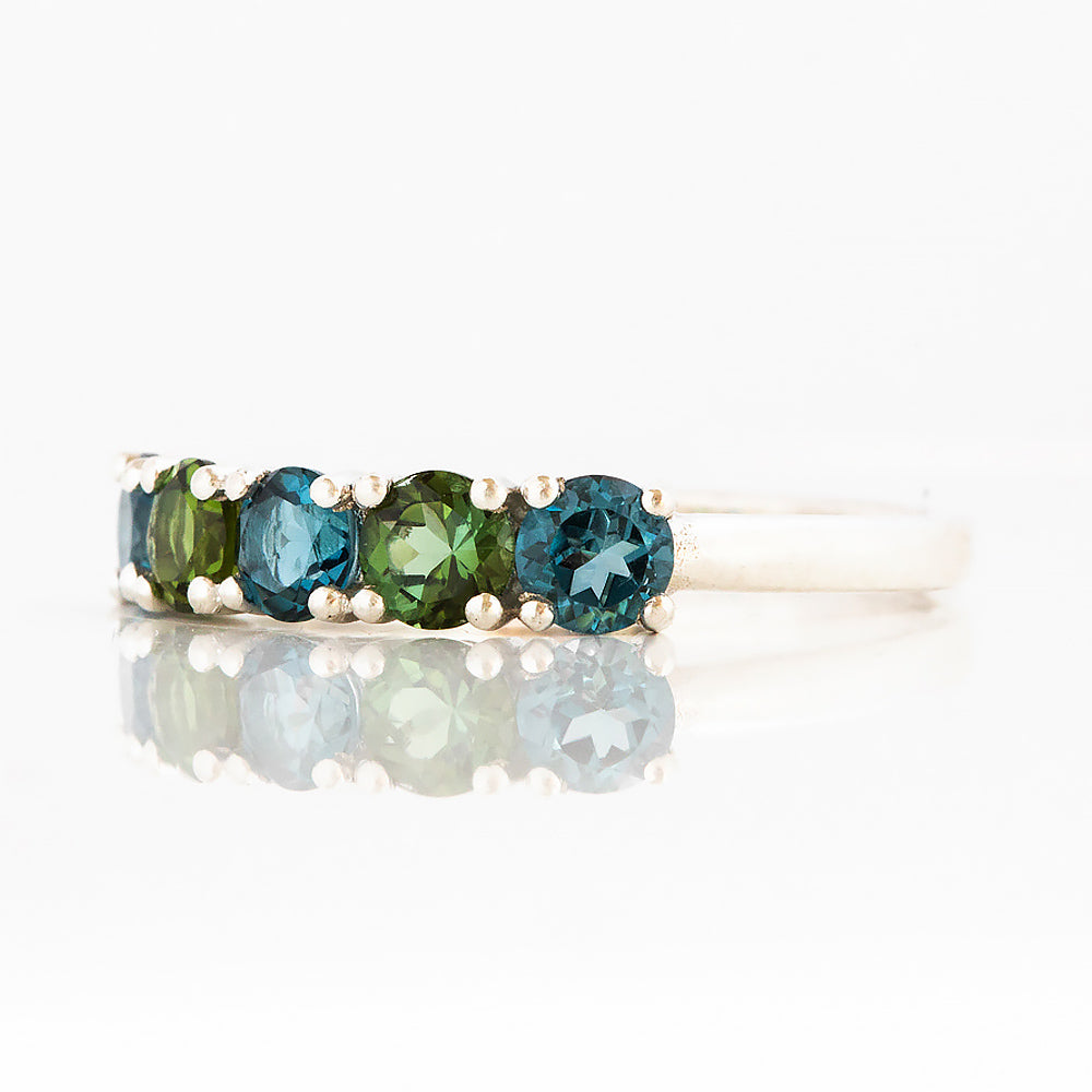 Round cut London Topaz and Green Tourmaline Half Eternity Ring - Victoria's Jewellery