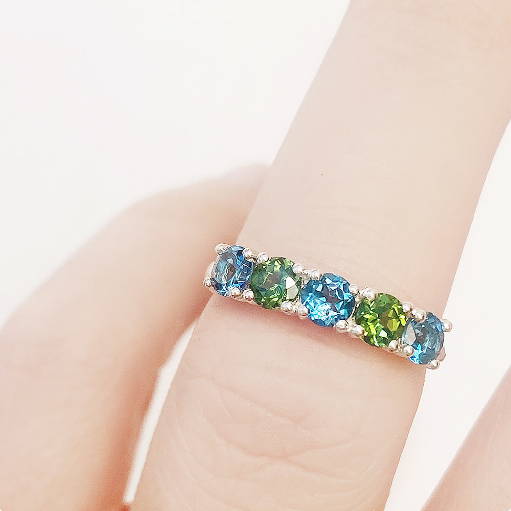 Round cut London Topaz and Green Tourmaline Half Eternity Ring - Victoria's Jewellery