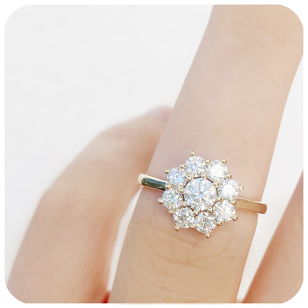 Round Brilliant cut Moissanite Cluster Flower Engagement Ring - Victoria's Jewellery