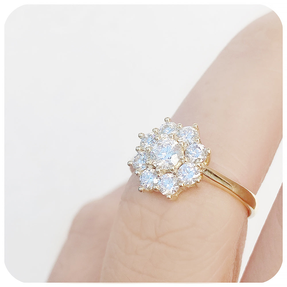 Round Brilliant cut Moissanite Cluster Flower Engagement Ring - Victoria's Jewellery