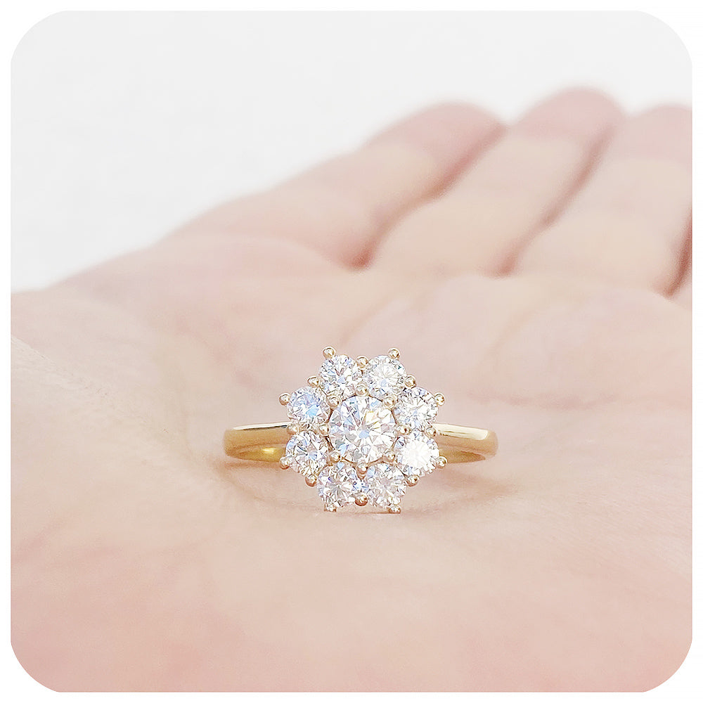 Round Brilliant cut Moissanite Cluster Flower Engagement Ring - Victoria's Jewellery