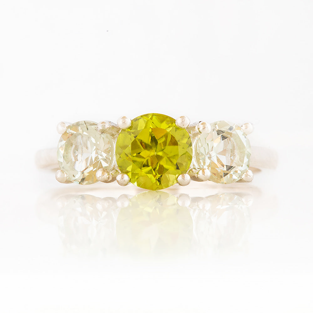 Round cut Peridot and Prasiolite Trilogy Anniversary Ring - Victoria's Jewellery
