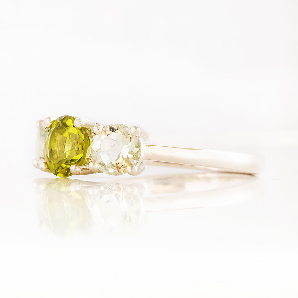 Round cut Peridot and Prasiolite Trilogy Anniversary Ring - Victoria's Jewellery