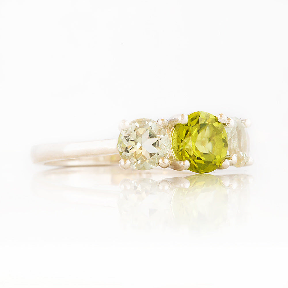 Round cut Peridot and Prasiolite Trilogy Anniversary Ring - Victoria's Jewellery