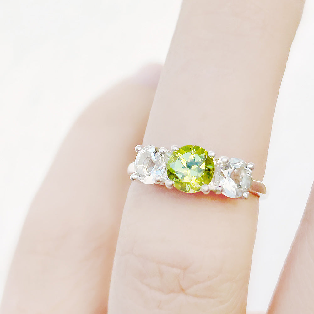 Round cut Peridot and Prasiolite Trilogy Anniversary Ring - Victoria's Jewellery