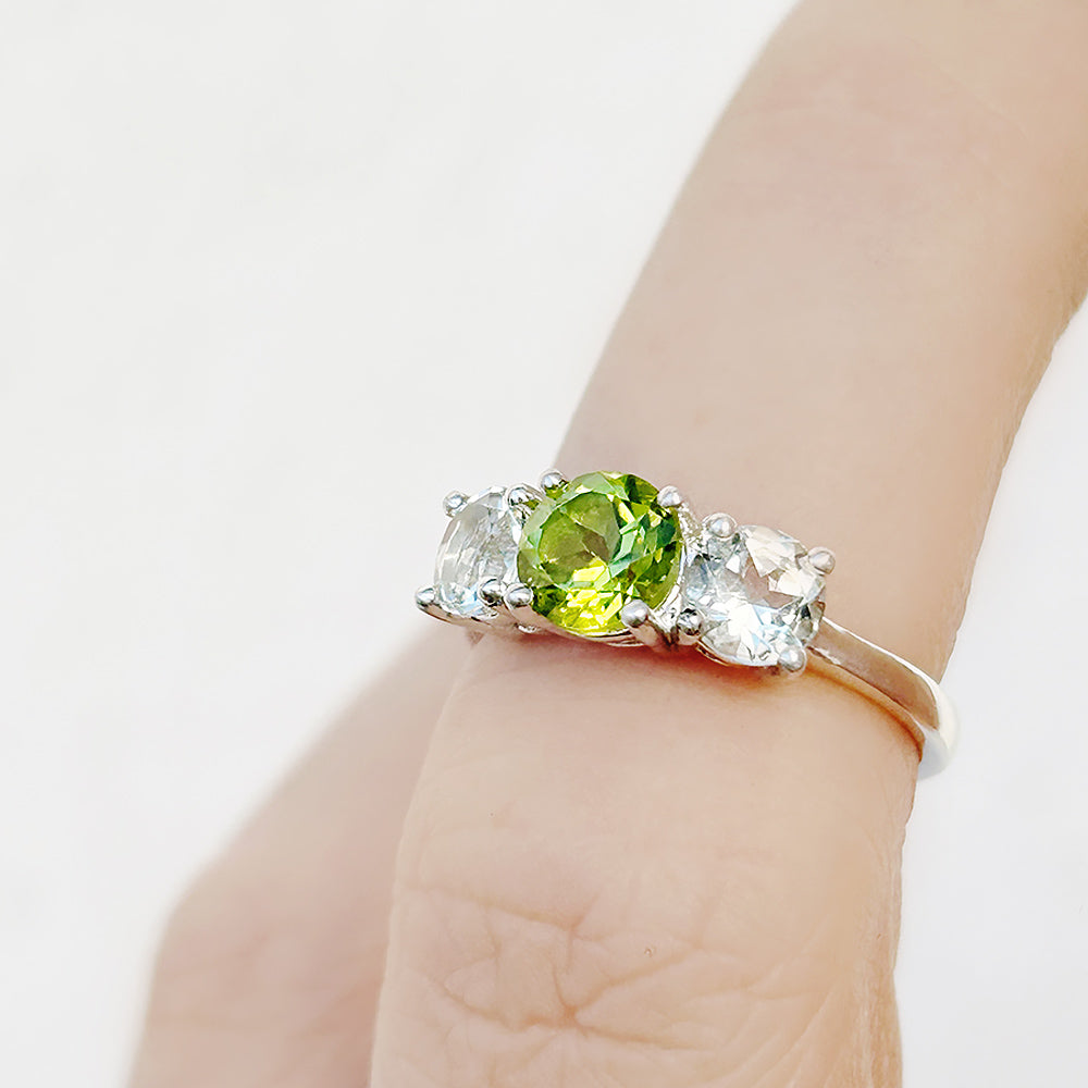 Round cut Peridot and Prasiolite Trilogy Anniversary Ring - Victoria's Jewellery