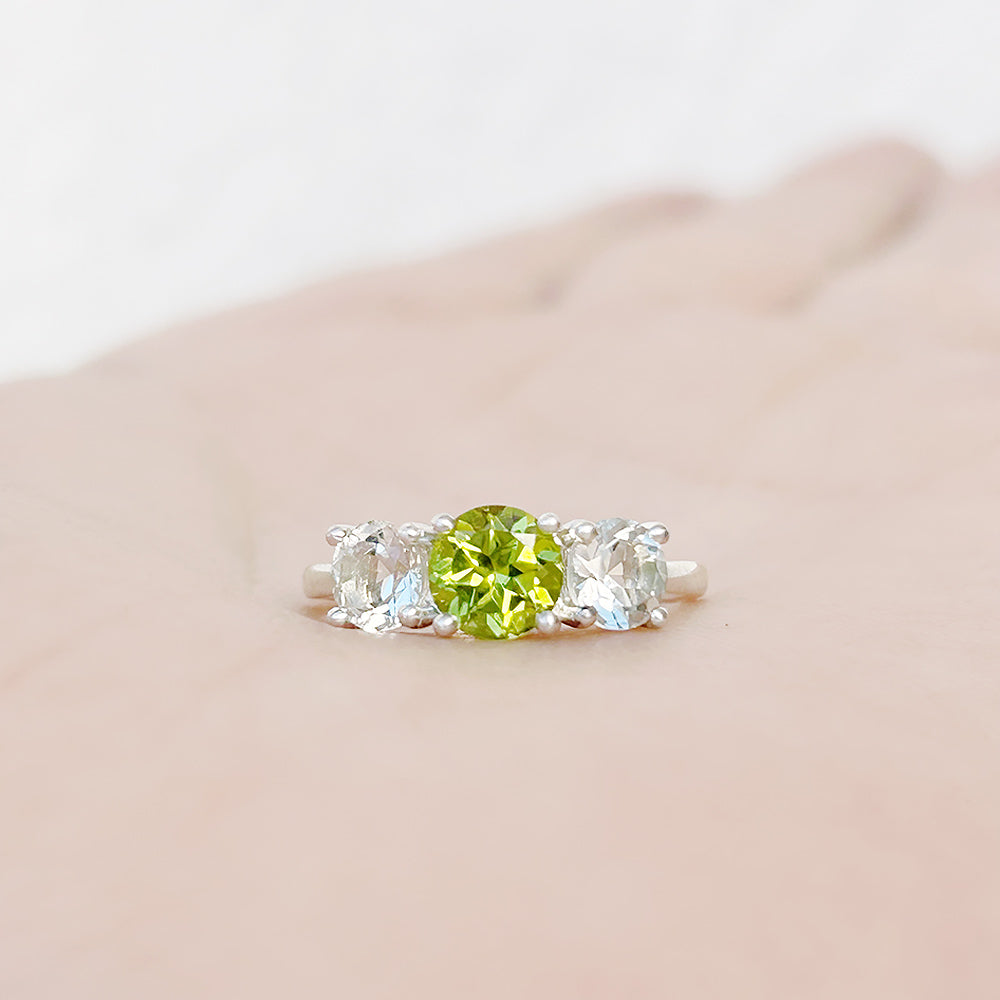 Round cut Peridot and Prasiolite Trilogy Anniversary Ring - Victoria's Jewellery
