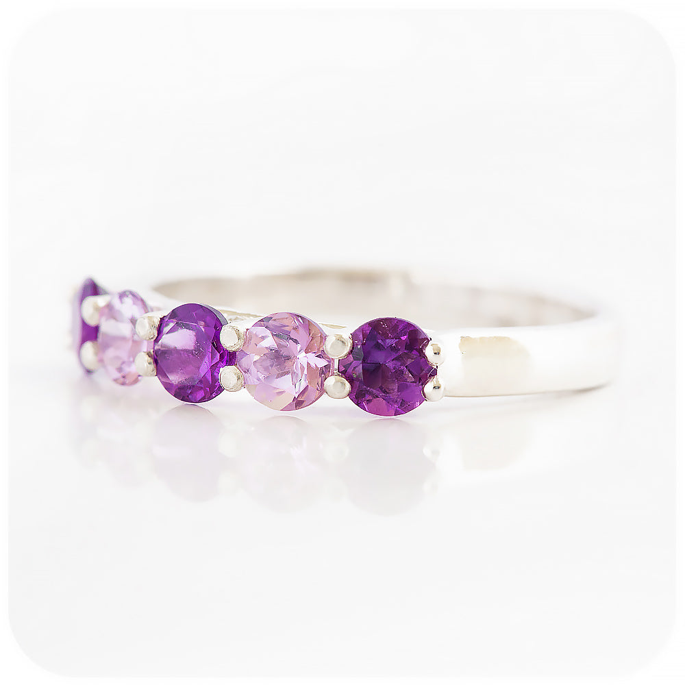 Danelle, a Purple and Pink Amethyst Half Eternity Trellis Ring
