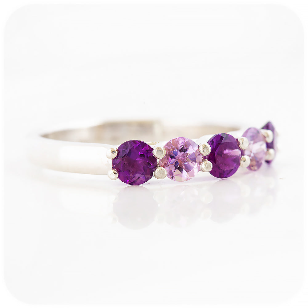 Danelle, a Purple and Pink Amethyst Half Eternity Trellis Ring