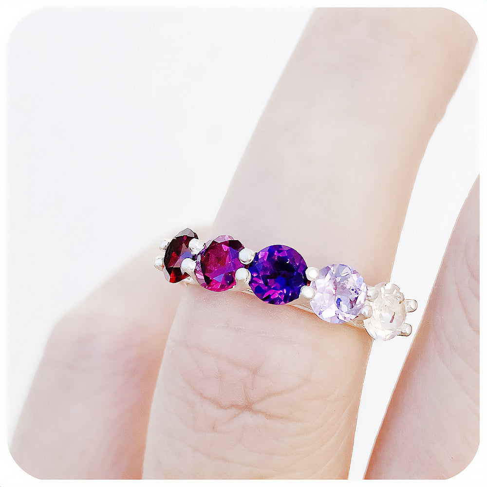 Garnet, Rhodolite, Amethyst and Rose Quartz Rainbow Eternity Ring - Victoria's Jewellery