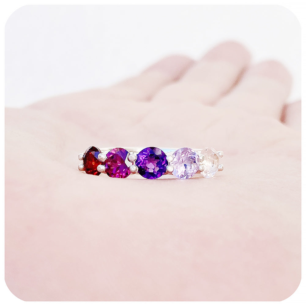 Garnet, Rhodolite, Amethyst and Rose Quartz Rainbow Eternity Ring - Victoria's Jewellery