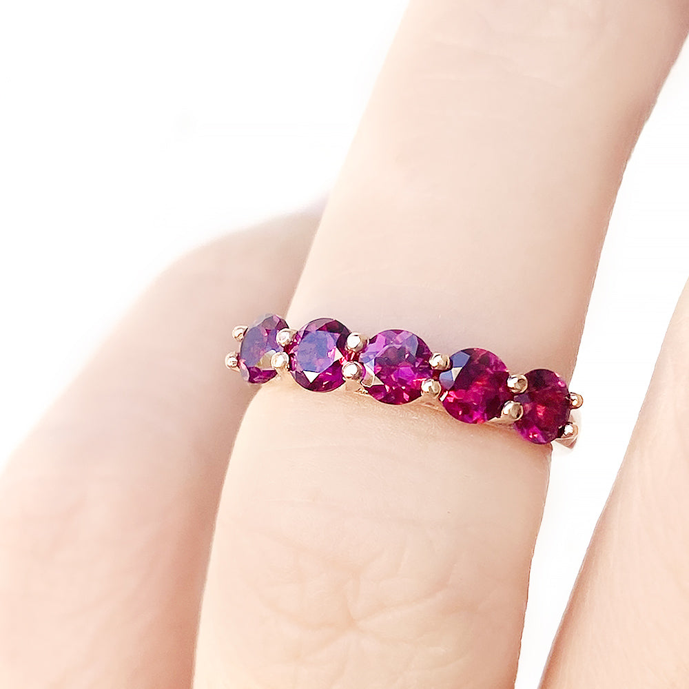Round cut Rhodolite Half Eternity Ring in Rose Gold - Victoria's Jewellery
