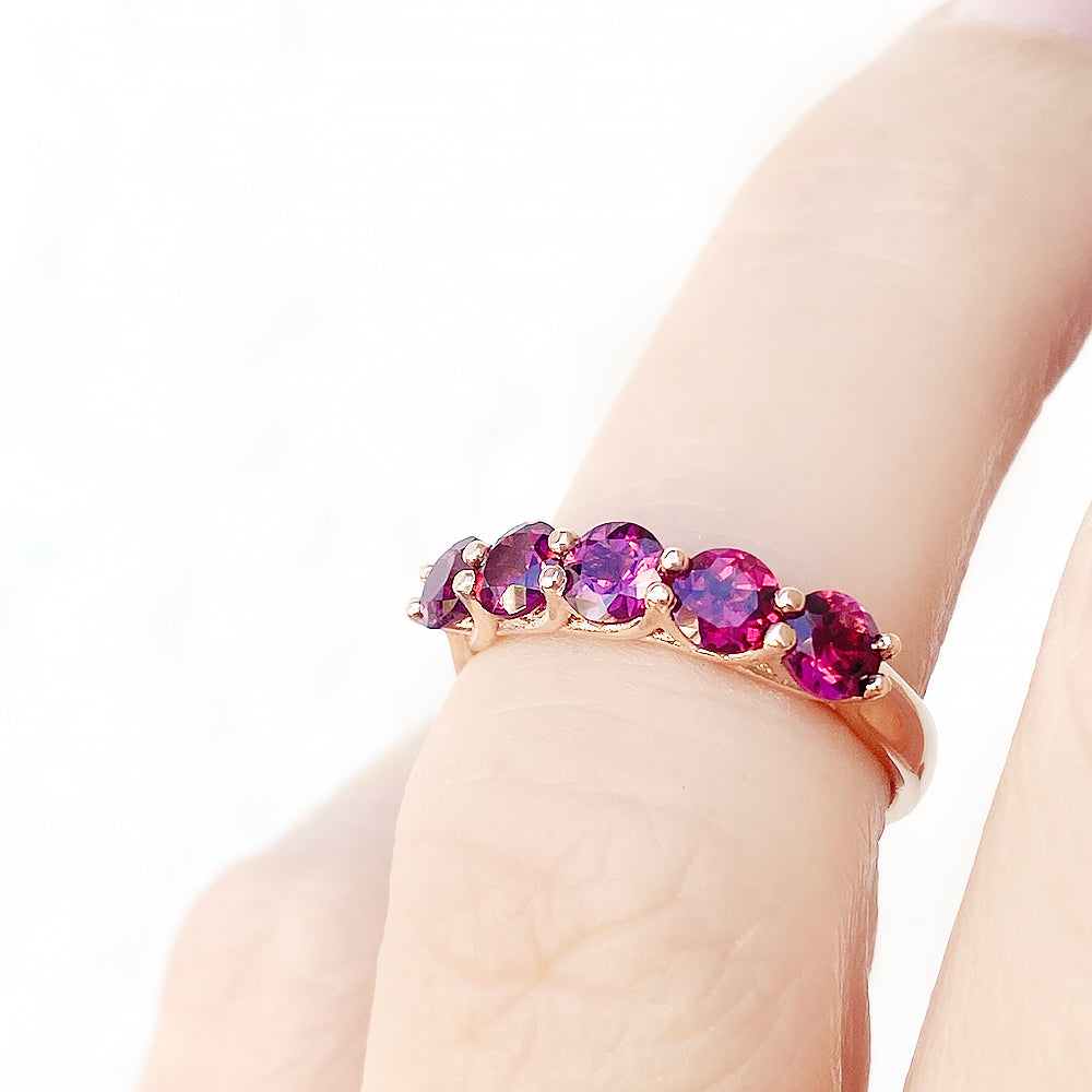 Round cut Rhodolite Half Eternity Ring in Rose Gold - Victoria's Jewellery