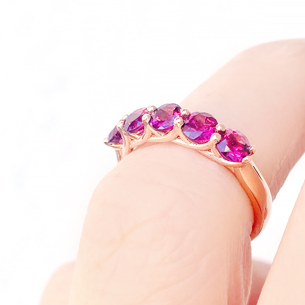 Round cut Rhodolite Half Eternity Ring in Rose Gold - Victoria's Jewellery