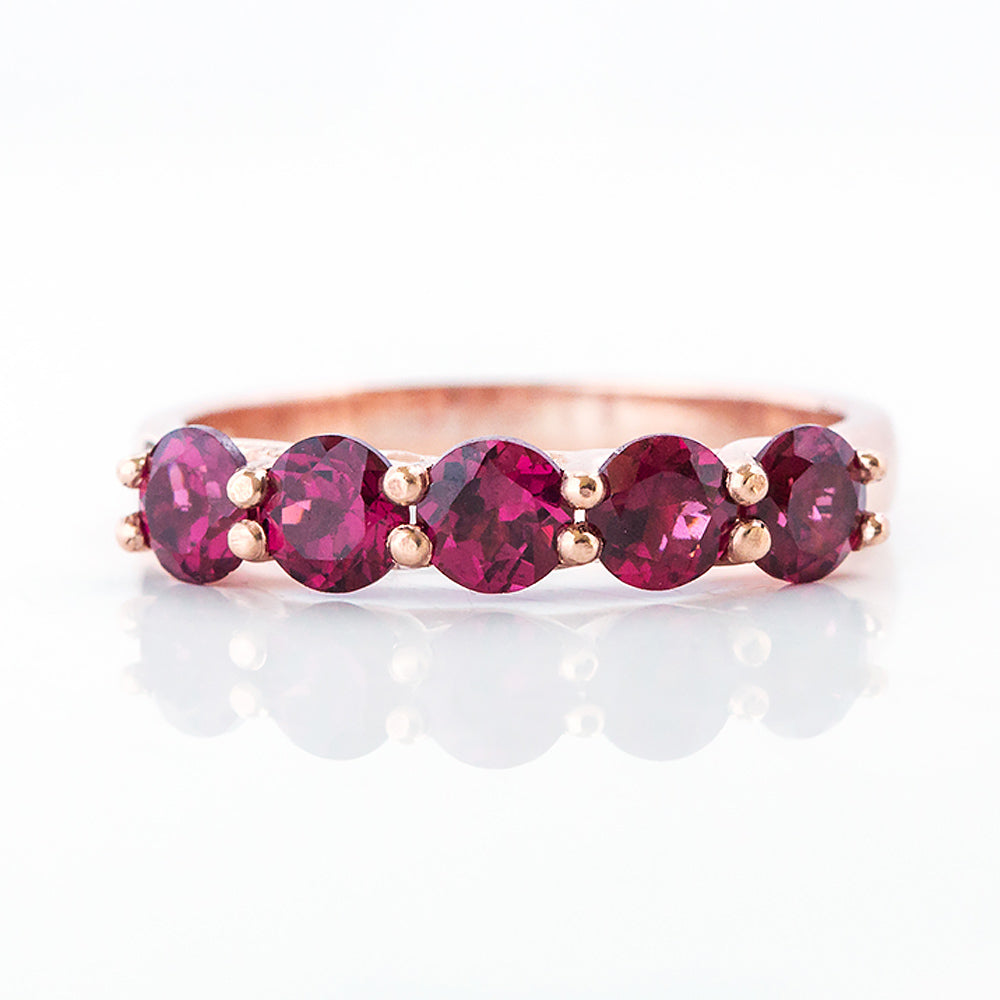 Round cut Rhodolite Half Eternity Ring in Rose Gold - Victoria's Jewellery