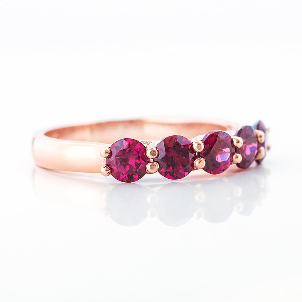 Round cut Rhodolite Half Eternity Ring in Rose Gold - Victoria's Jewellery