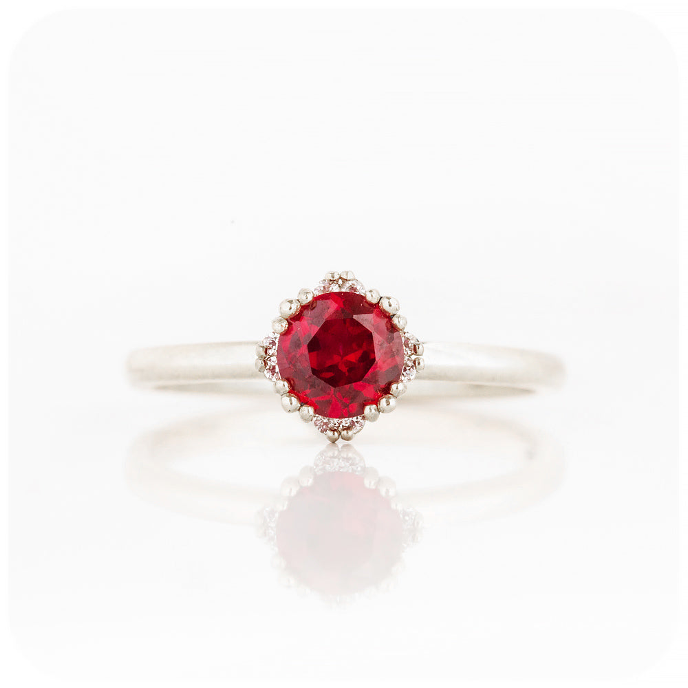Round cut Ruby and Diamond Solitaire Engagement Ring - Victoria's Jewellery