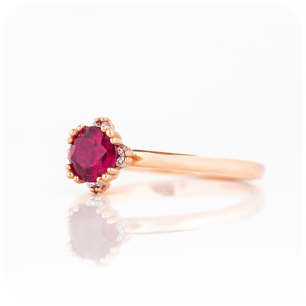Round cut Ruby and Diamond Solitaire Engagement Ring - Victoria's Jewellery