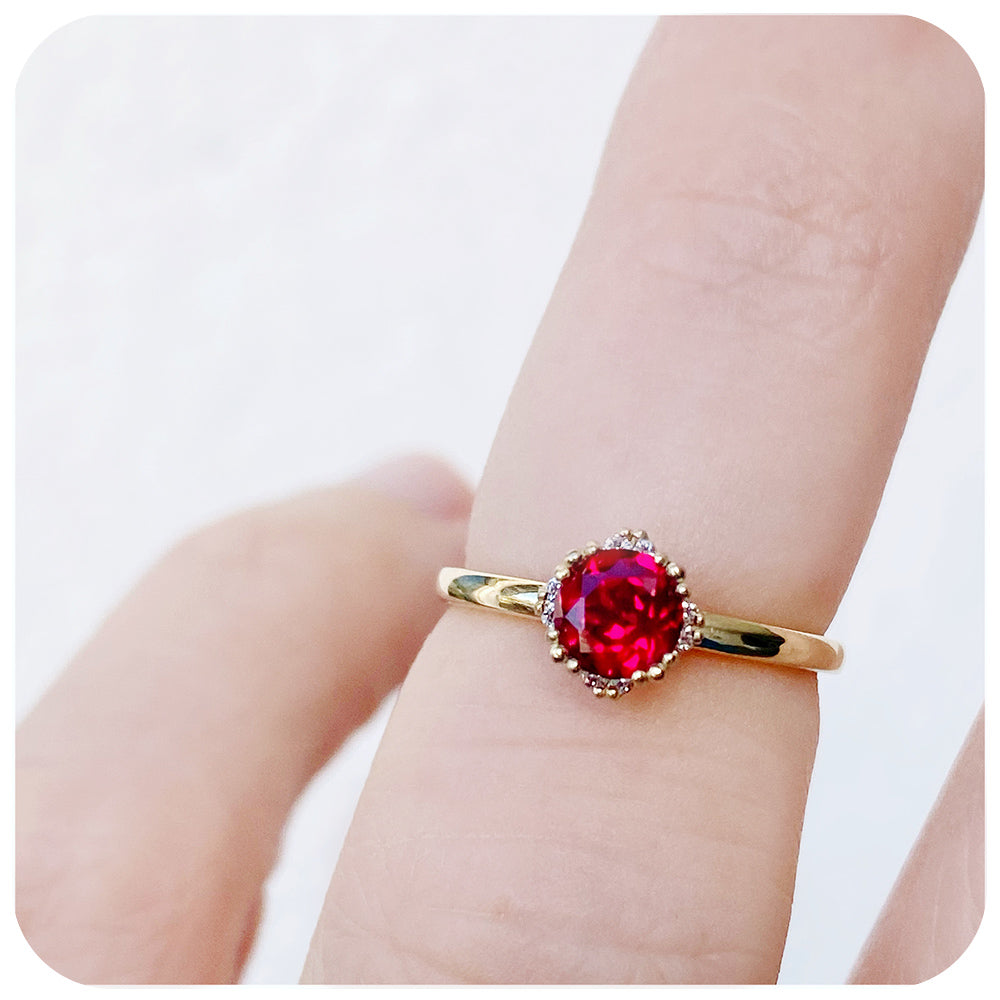 Round cut Ruby and Diamond Solitaire Engagement Ring - Victoria's Jewellery