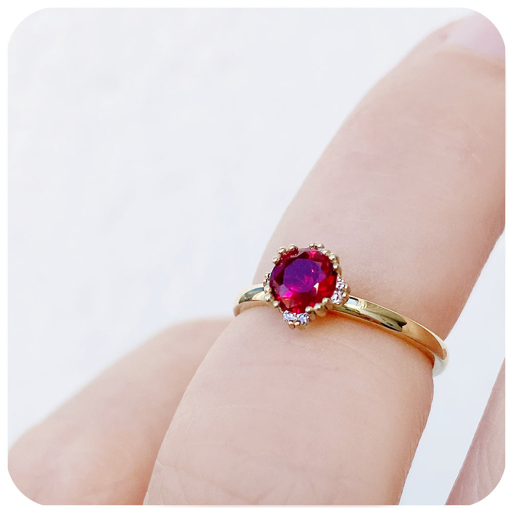 Round cut Ruby and Diamond Solitaire Engagement Ring - Victoria's Jewellery