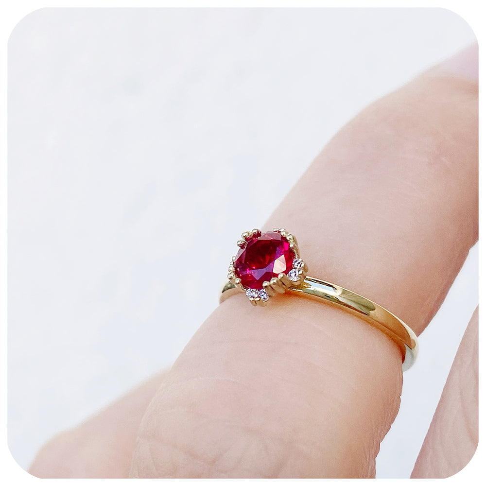 Round cut Ruby and Diamond Solitaire Engagement Ring - Victoria's Jewellery