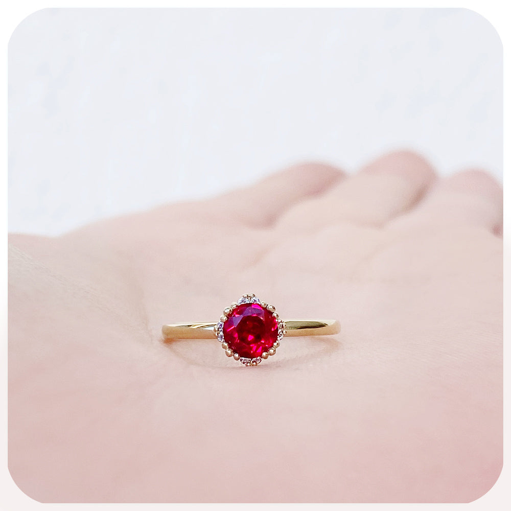 Round cut Ruby and Diamond Solitaire Engagement Ring - Victoria's Jewellery