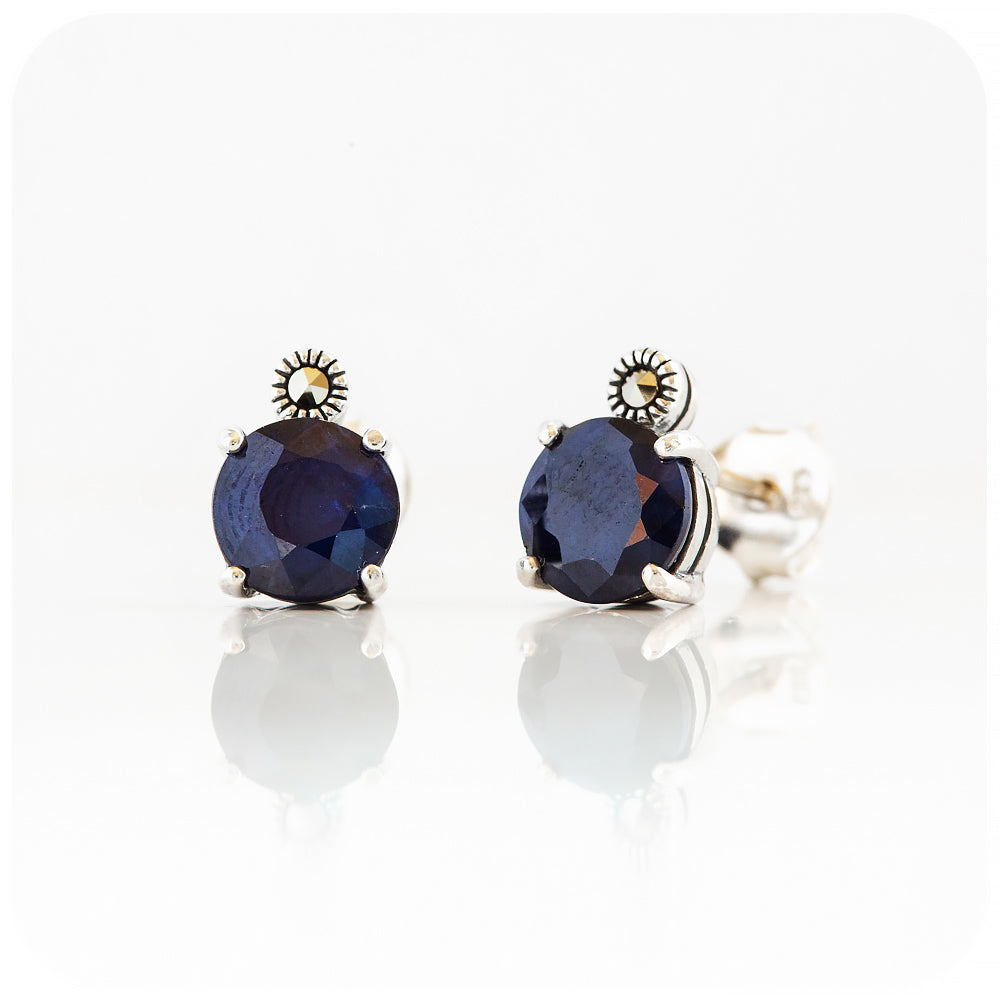 Round cut Sapphire and Marcasite Stud Earrings
