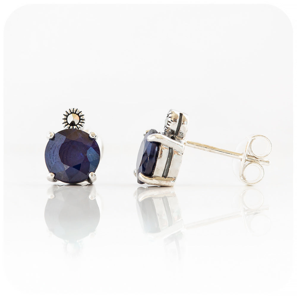 Round cut Sapphire and Marcasite Stud Earrings