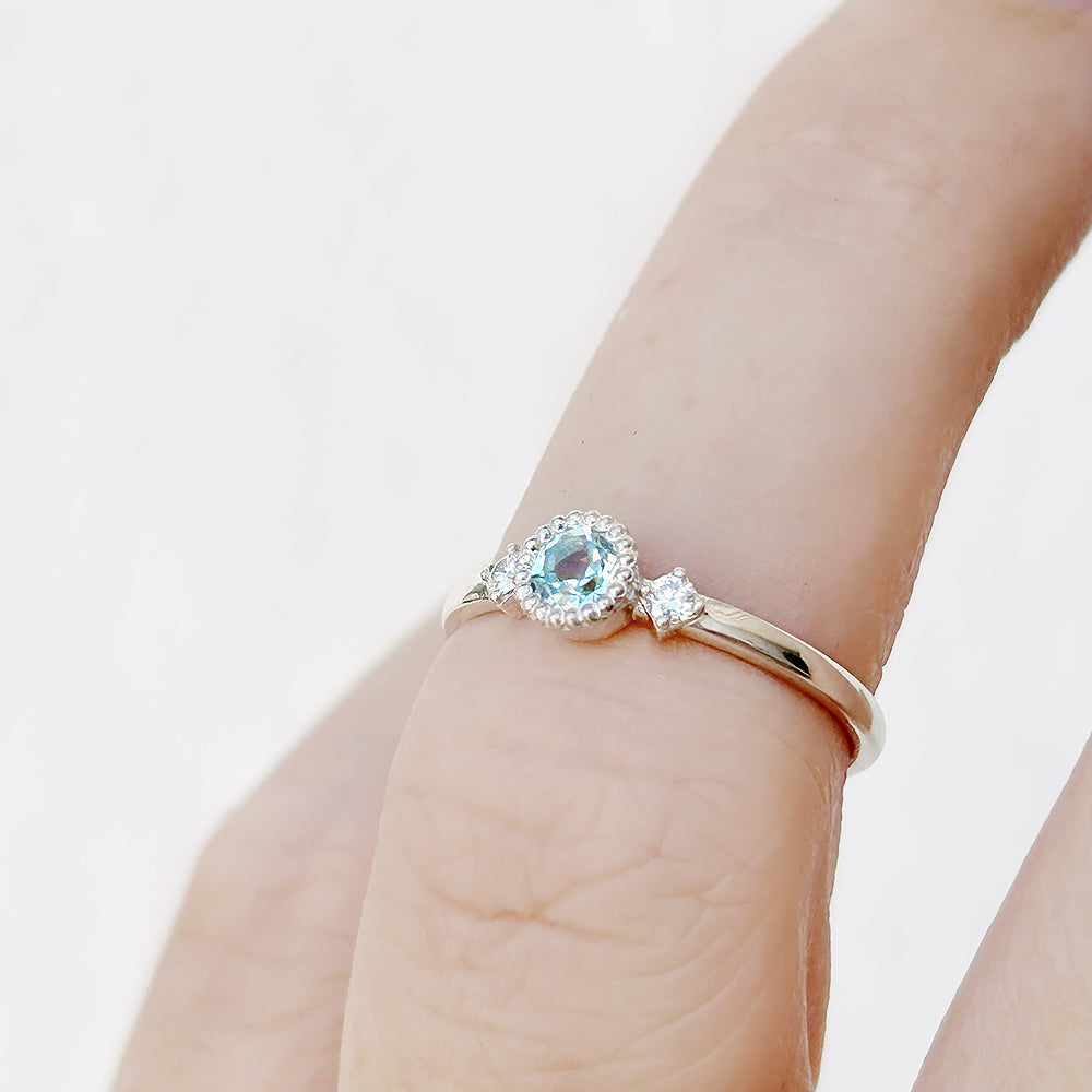 Round cut Sky Blue Topaz and Diamond Trilogy Promise Ring - Victoria's Jewellery