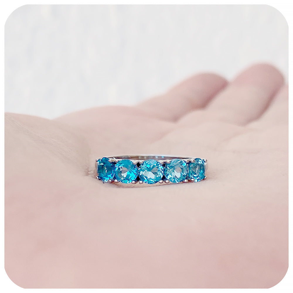 Round cut Swiss Blue Topaz half eternity stack anniversary ring - Victoria's Jewellery