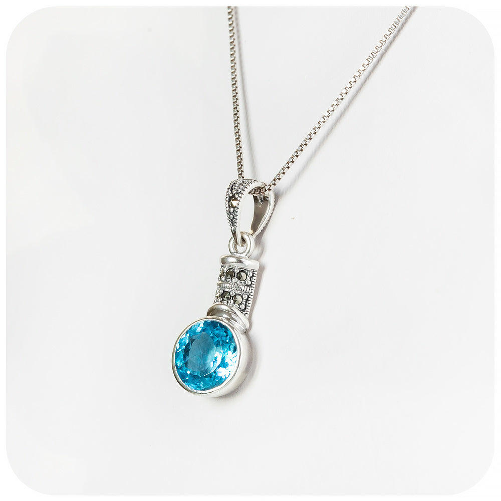 Round cut Swiss Blue Topaz and Marcasite Pendant