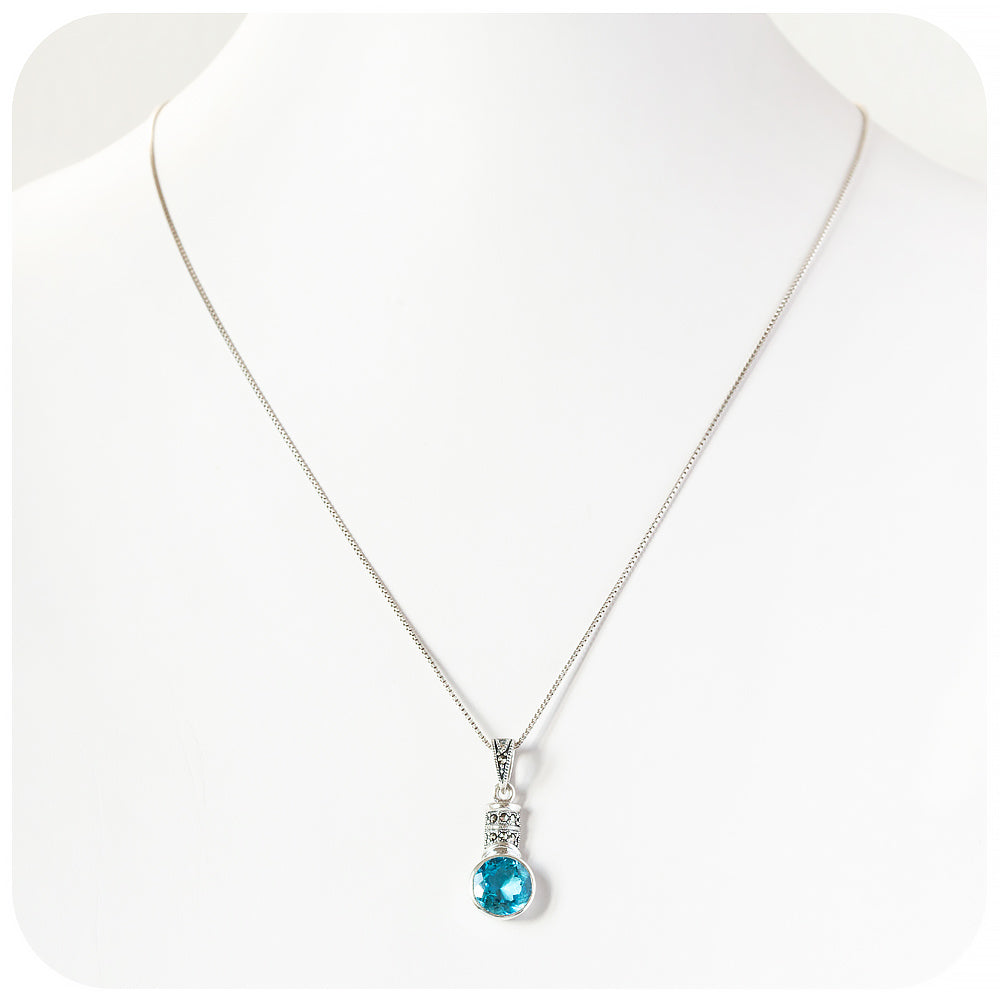 Round cut Swiss Blue Topaz and Marcasite Pendant