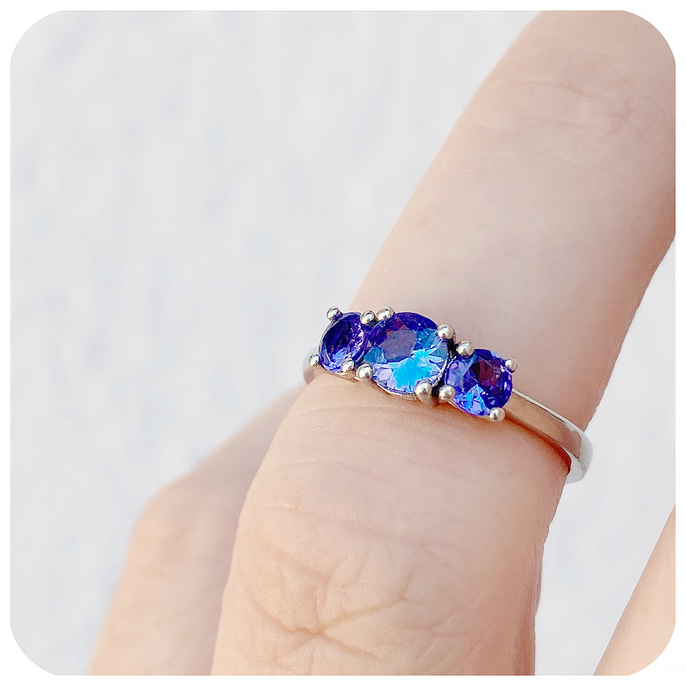 Round cut Tanzanite Trilogy Anniversary Ring - Victoria's Jewellery