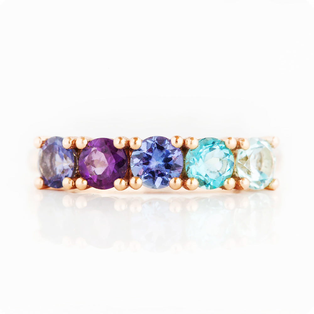 Round cut Iolite, Amethyst Tanzanite and Topaz half eternity Anniversary ring in Rose Gold - Victoria's Jewellery
