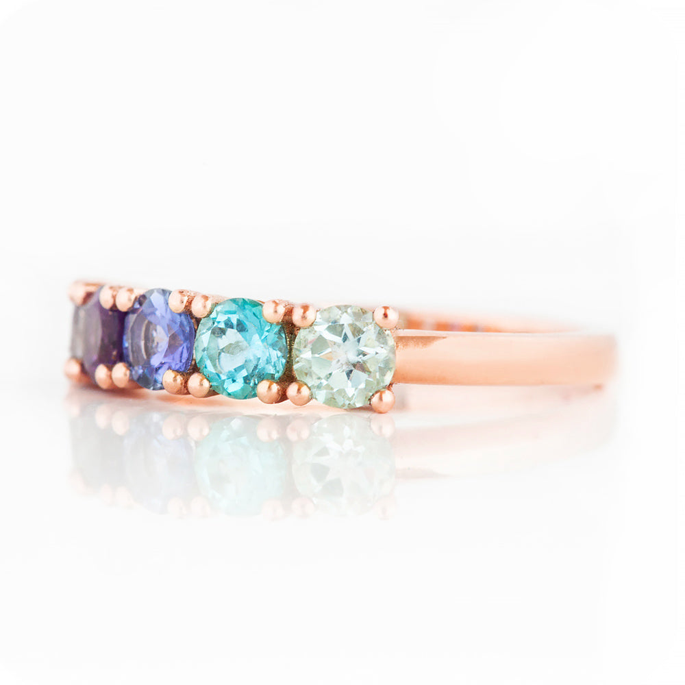 Round cut Iolite, Amethyst Tanzanite and Topaz half eternity Anniversary ring in Rose Gold - Victoria's Jewellery