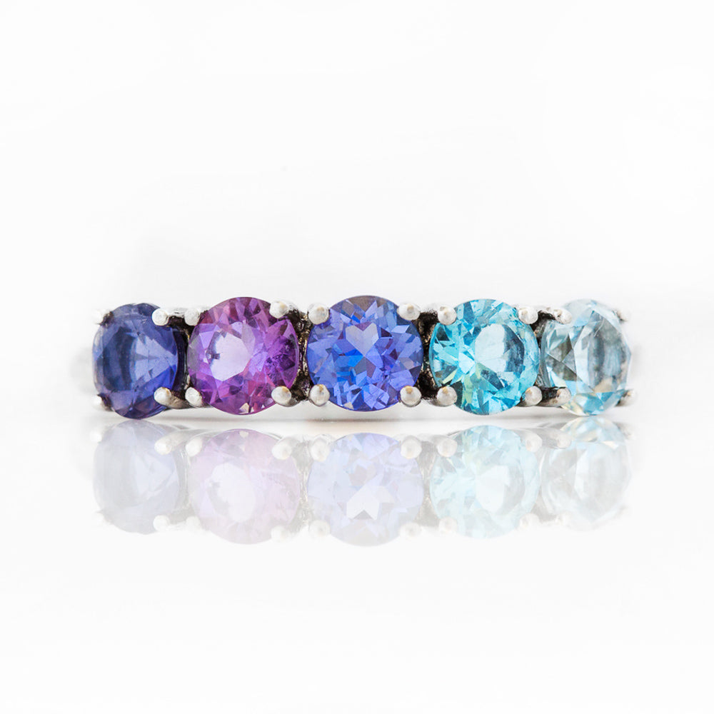 Round cut Iolite, Amethyst Tanzanite and Topaz half eternity Anniversary ring in White Gold - Victoria's Jewellery