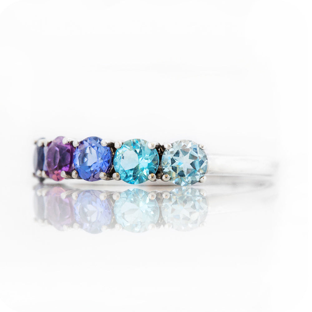 Round cut Iolite, Amethyst Tanzanite and Topaz half eternity Anniversary ring in White Gold - Victoria's Jewellery