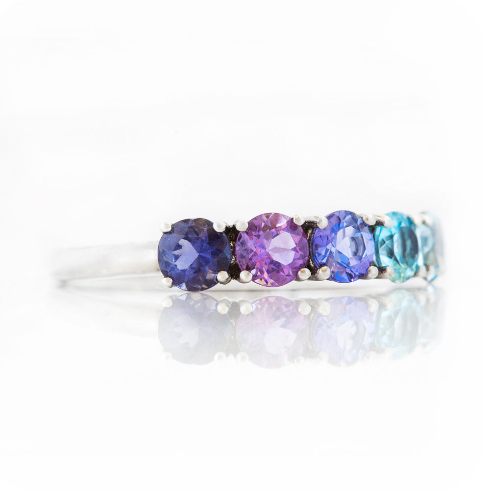 Round cut Iolite, Amethyst Tanzanite and Topaz half eternity Anniversary ring in White Gold - Victoria's Jewellery