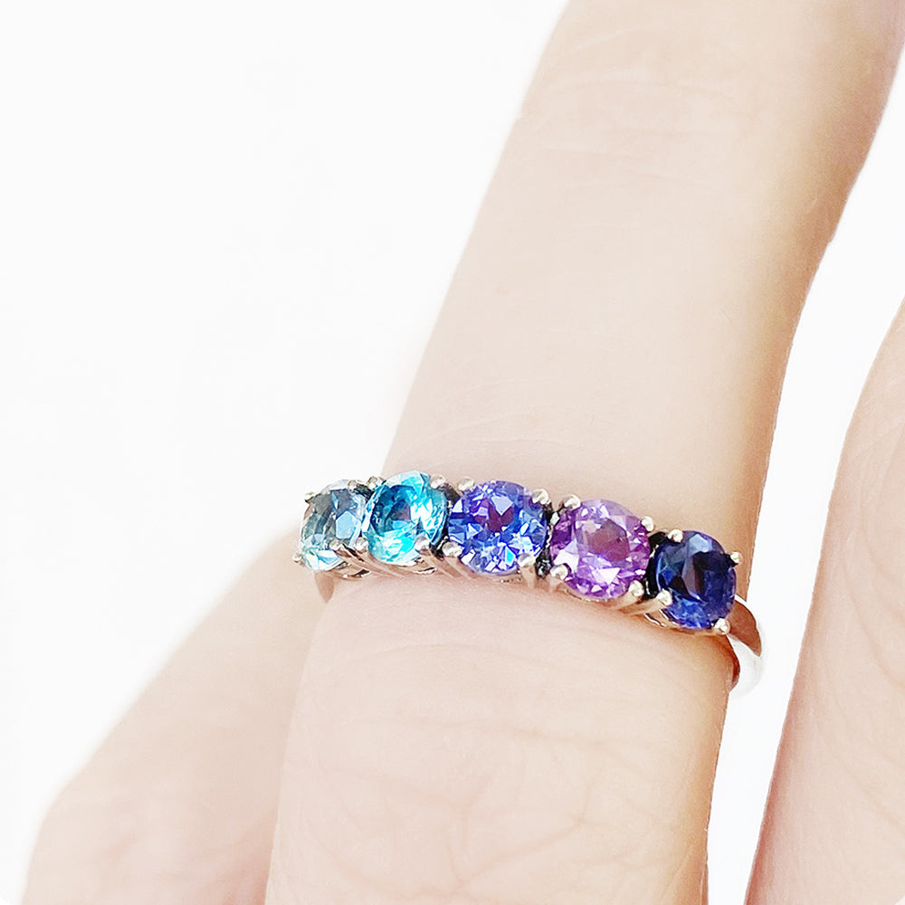 Round cut Iolite, Amethyst Tanzanite and Topaz half eternity Anniversary ring in White Gold - Victoria's Jewellery