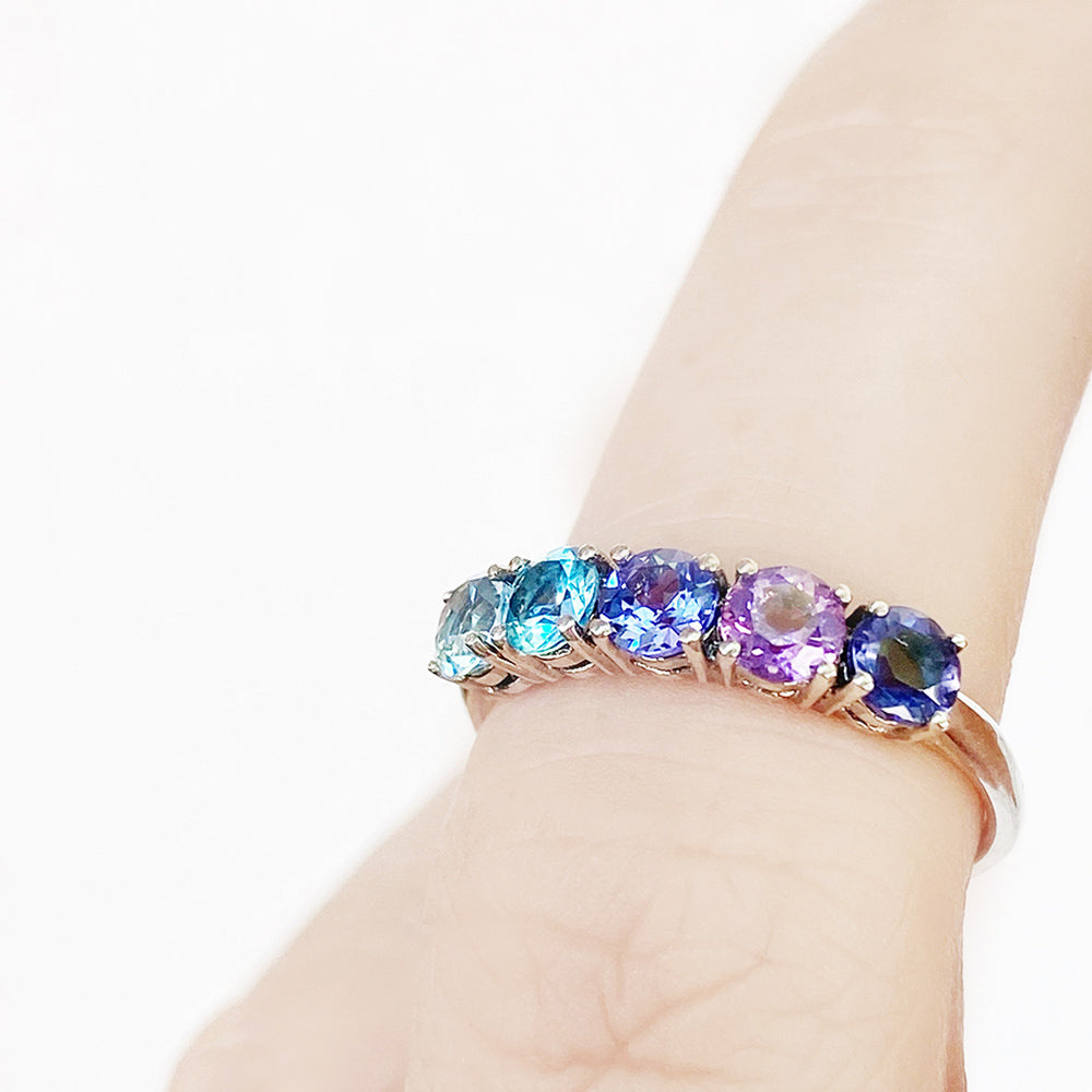 Round cut Iolite, Amethyst Tanzanite and Topaz half eternity Anniversary ring in White Gold - Victoria's Jewellery