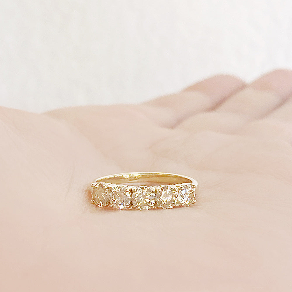 Round cut yellow moissanite half eternity ring in Yellow Gold - Victoria's Jewellery