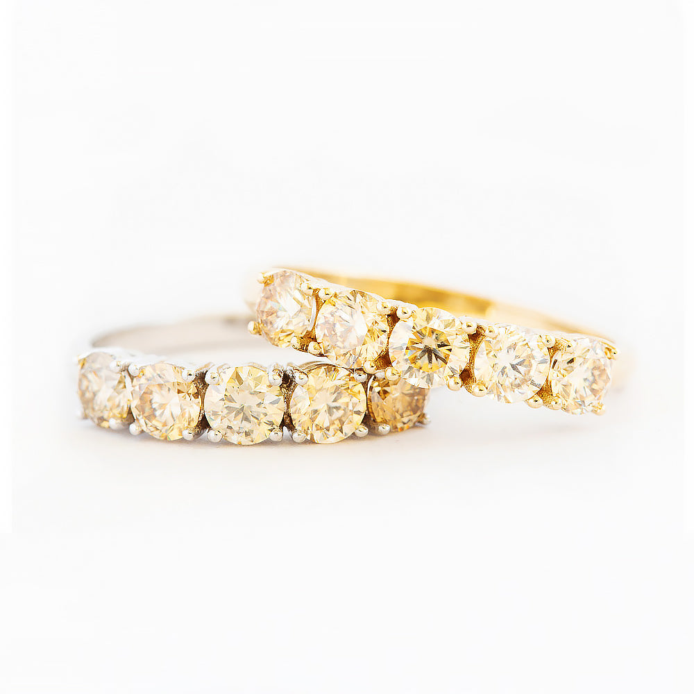 Round cut yellow moissanite half eternity ring in White and Yellow Gold - Victoria's Jewellery