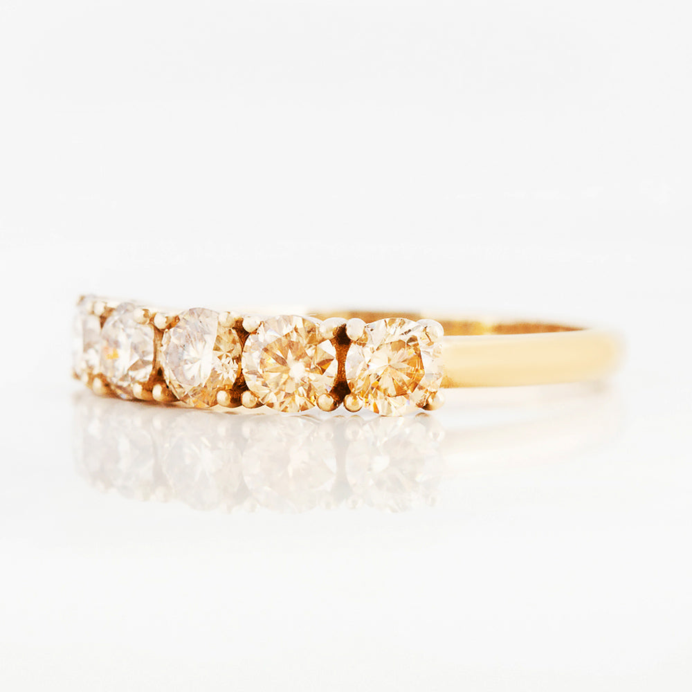 Round cut yellow moissanite half eternity ring in Yellow Gold - Victoria's Jewellery
