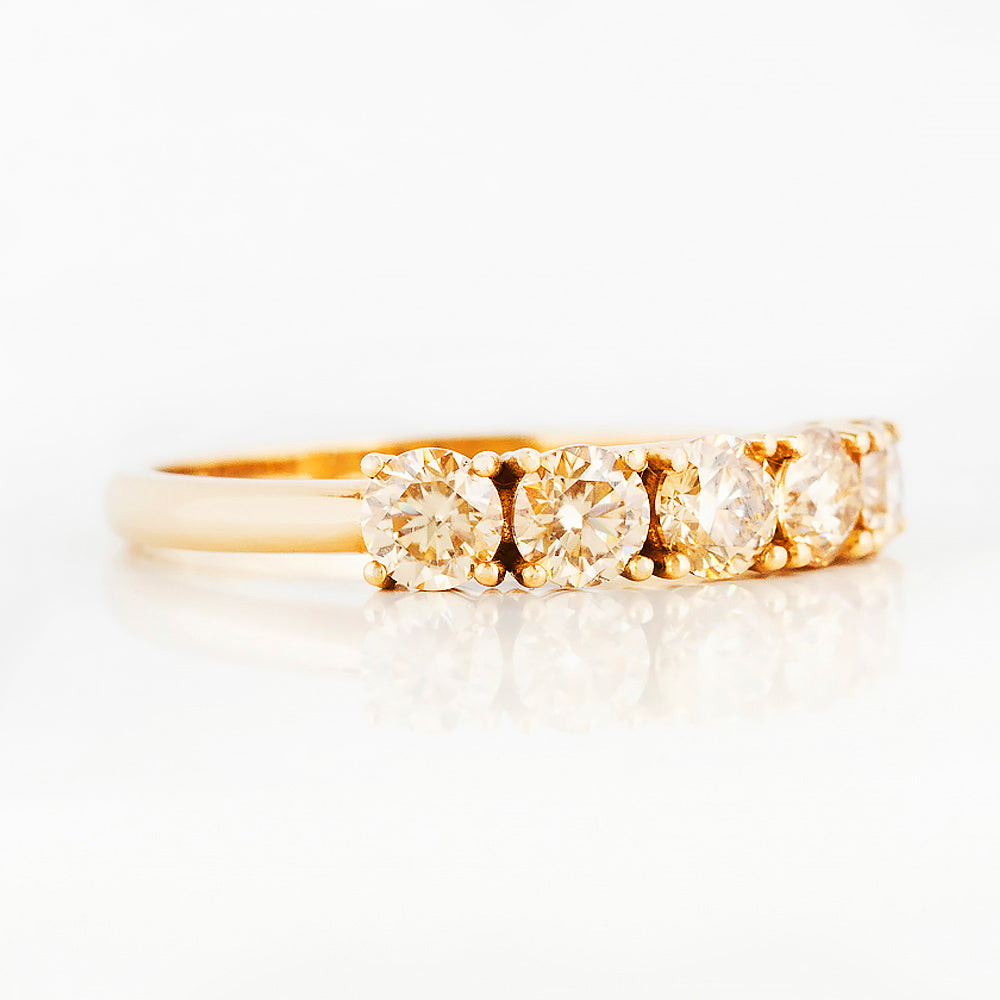 Round cut yellow moissanite half eternity ring in Yellow Gold - Victoria's Jewellery