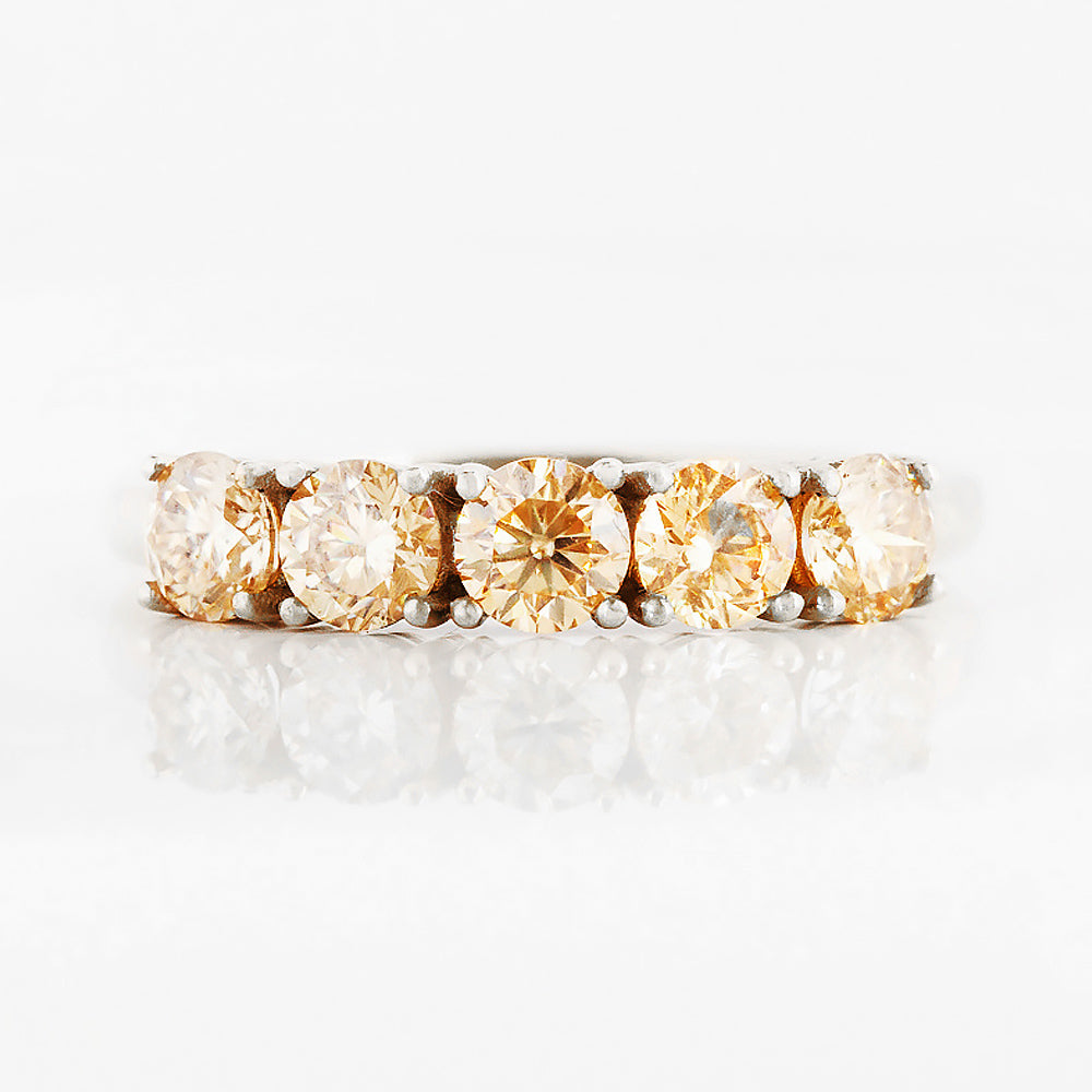 Round cut yellow moissanite half eternity ring in White Gold - Victoria's Jewellery