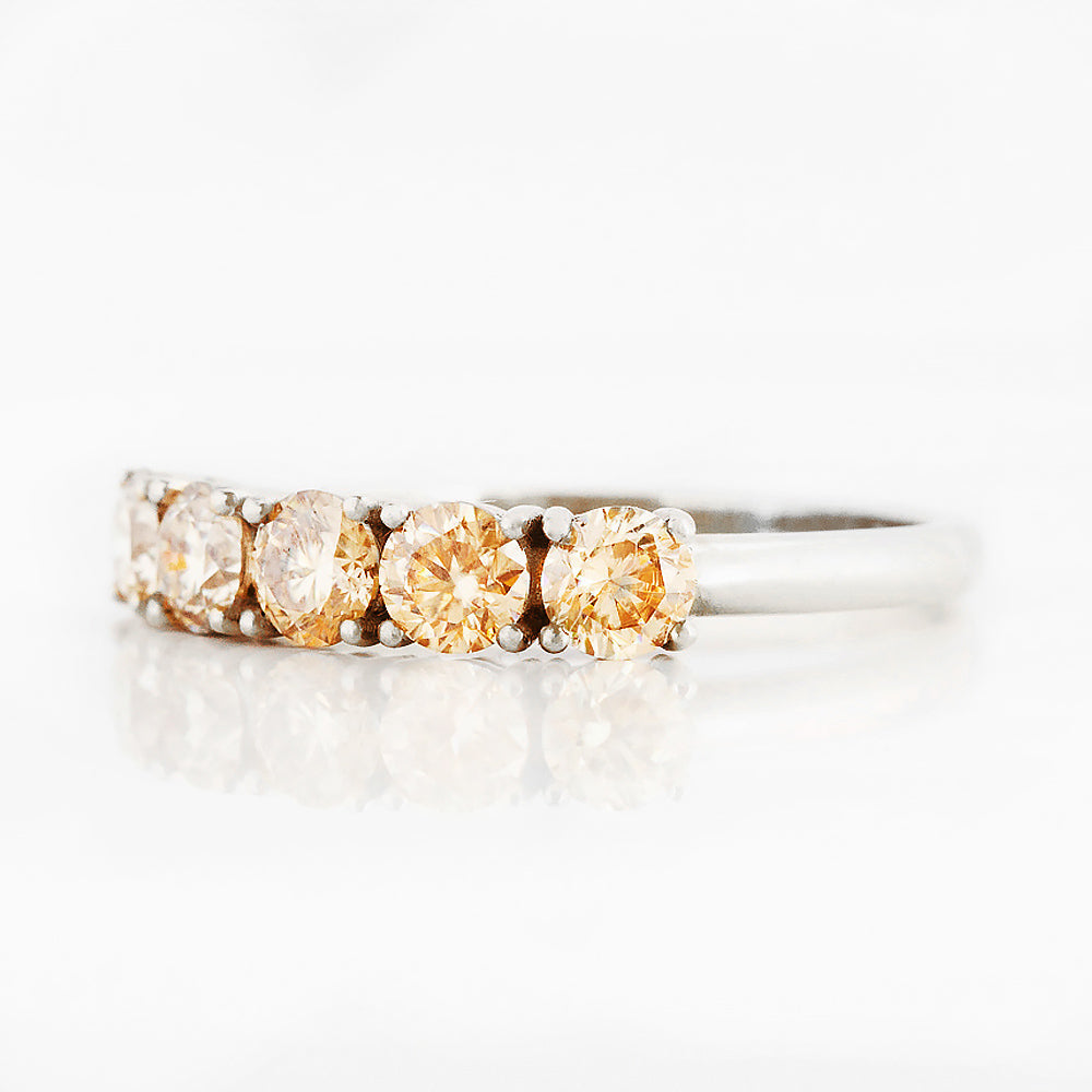 Round cut yellow moissanite half eternity ring in White Gold - Victoria's Jewellery