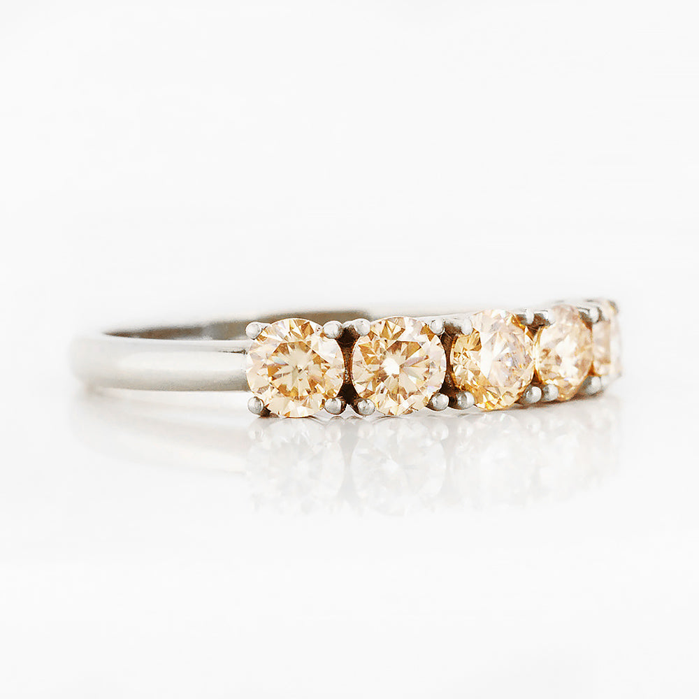 Round cut yellow moissanite half eternity ring in White Gold - Victoria's Jewellery