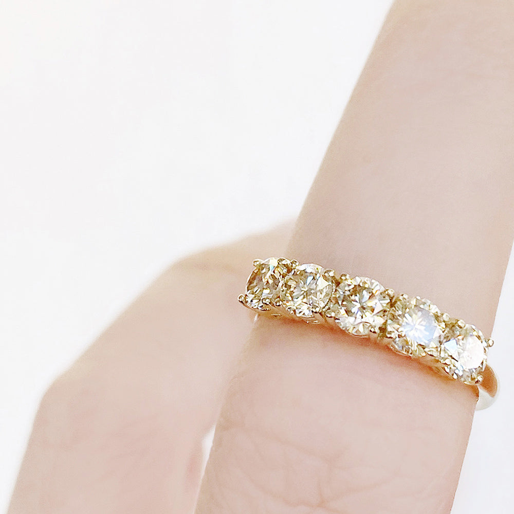 Round cut yellow moissanite half eternity ring in Yellow Gold - Victoria's Jewellery